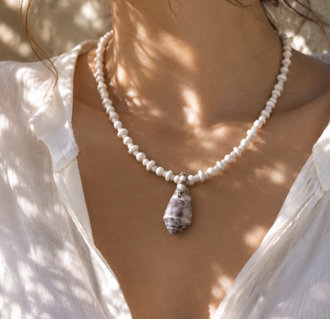Seashell Necklace with White Stones